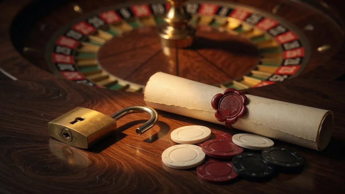 Bilancia dorata della giustizia, lucchetto aperto e fiches da casinò su un tavolo da gioco